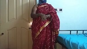 Desi  indian tamil telugu kannada malayalam hindi horny cheating wife vanitha wearing cherry red colour saree showing big boobs and shaved pussy press hard boobs press nip rubbing pussy masturbation